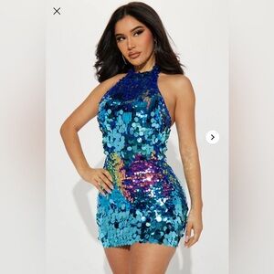 Fashion Nova Blue Disco Girl - Sequin Halter Mini Dress - Turquoise